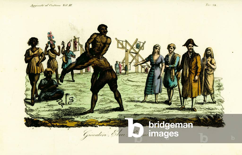 Dancer called Ulde Benaye 1, snake charmer 2, two men performing the Busardia dance 3, two wrestlers 4, Jewish woman 5, Jewish man 6, rabbi 7 and whore in veil 8