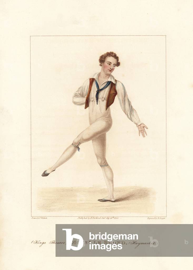 Mr. Etienne le Blond, ballet dancer, at the Theatre Royal Opera House Haymarket. Handcoloured stipple copperplate engraving by Robert Cooper after a painting by Frederic de Waldeck. From D. Terry's “” British Theatrical Gallery,” London, Henry Berthoud Jr., 1825.