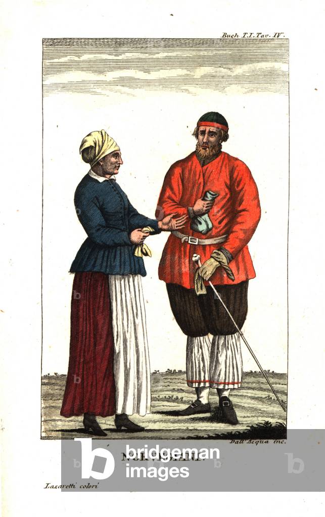 Man and woman of Norway in traditional costume. Illustration From Leopold von Buch (1774-1853) Travels through Norway, and Lapland, 1813. Copperplate engraving by dell'Acqua handcoloured by Lazaretti from Giovanni Battista Sonzogno's Collection of the Most Interesting Voyages (Raccolta de Viaggi Piu Interessanti), Milan, 1815-1817