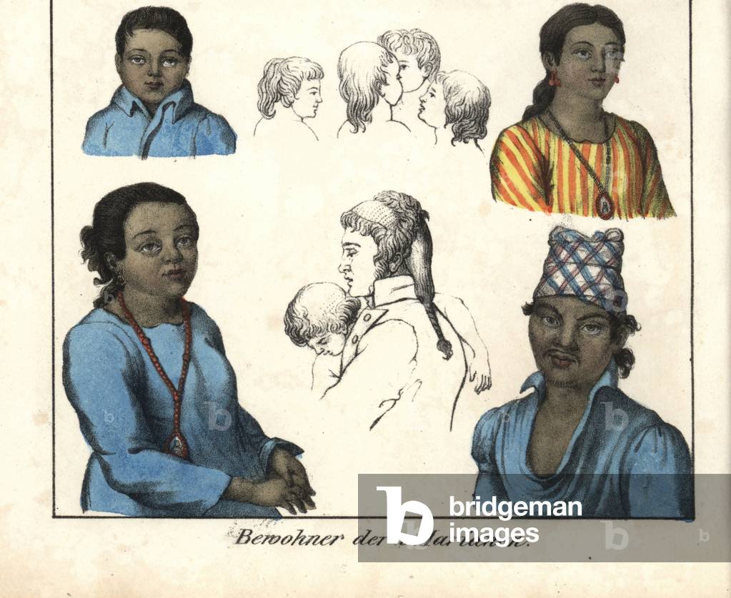 Portraits of indigenous Chamorro from Guam, Mariana Islands (USA). Upstairs, girls from the alcade of Umatac and below, portraits of Stephan and Claudio Lajo. Illustration from Voyage Around the World (1824) by Louis de Freycinet (1779-1842). Lithography for the book: “” Galerie complete en tableaux fideles des peuples d'Amérique et d'Australie”” by Friedrich Wilhelm Goedsche (1785-1863), Meissen edition (Germany), 1835-1840. Chamorro men, women and children of Guam, Mariana Islands, Pacific Ocean. Marianna and Josepha, daughters of the Mayor of Umatac (top), and Stephan and Claudio Lajo (bottom). Handcoloured lithograph from Friedrich Wilhelm Goedsche's “” Vollstaendige Voelkergallerie in getreuen Abbildungen”” (Complete Gallery of Peoples in True Pictures), Meissen, circa 1835-1840.