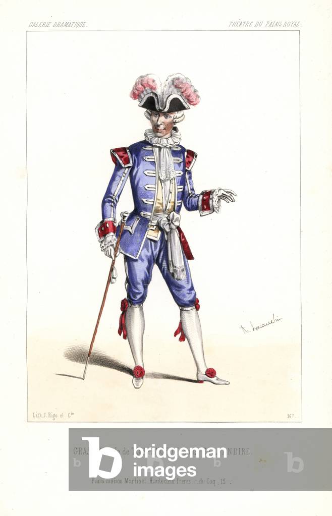 Paul Grassot as Tourangeot in Sylvandire by Leuven/Vanderburch, Theatre du Palais-Royal, 1845. Handcoloured lithograph after an illustration by Alexandre Lacauchie from Victor Dollet's Galerie Dramatique: Costumes des Theatres de Paris, Paris, 1845.
