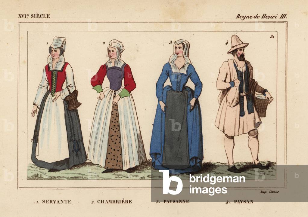 Servant girl, chambermaid, and female peasant and male peasant of Saumur, late 16th century. Handcoloured lithograph after portraits in Roger de Gaignieres' gallery portfolio IX 159-173 from Le Bibliophile Jacob aka Paul Lacroix's Costumes Historique de la France (Historical Costumes of France), Administration de Librairie, Paris, 1852.