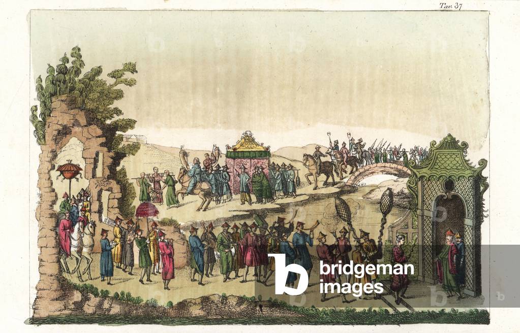 Chinese wedding procession and ceremony. Handcoloured copperplate engraving by Andrea Bernieri from Giulio Ferrario's Ancient and Modern Costumes of all the Peoples of the World, 1843.