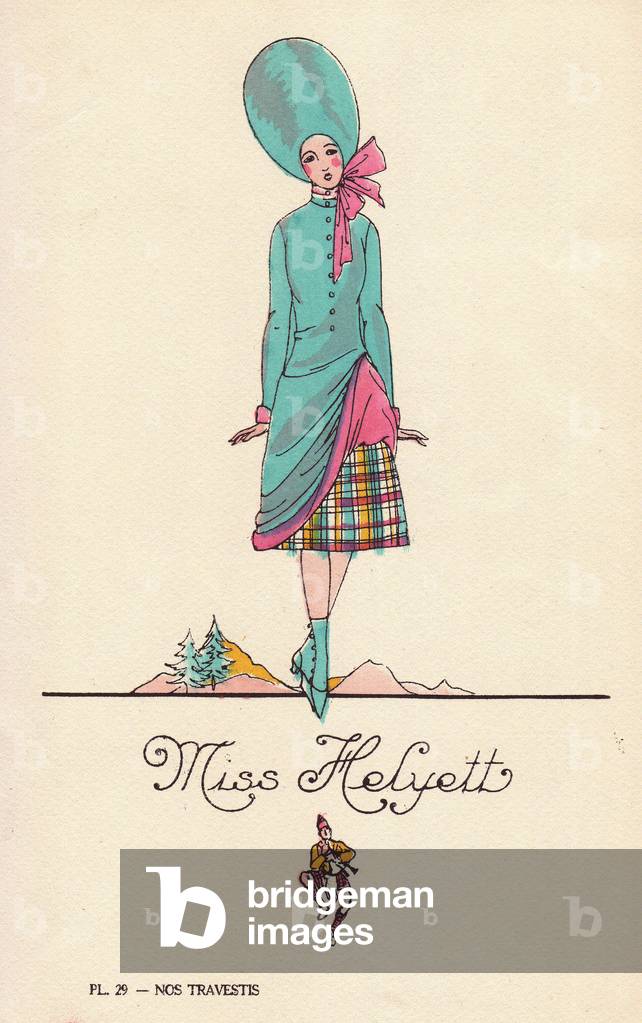 Woman in fancy dress costume as Miss Helyett, with large hat, blue coat, pink ribbon, and tartan skirt. Miss Helyett was a comic operetta by Edmond Audran first performed in 1890. Lithograph by unknown artist with stencil handcolouring from “” Nos Travestis”” (Our Fancy Dress Costumes), Paris, 1928.