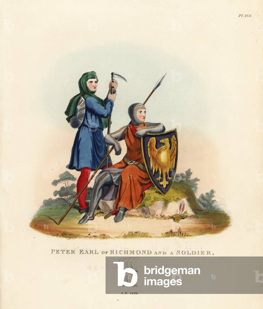 Peter II, Count of Savoy, Earl of Richmond, and a soldier. 1248. The Earl wears a chainmail hauberk and chausses, tunic, and carries a lance and shield with coat of arms. The footsoldier wears a cargan hood, carries an oucin and round shield. Handcoloured lithograph after an illustration by S.R. Meyrick from Sir Samuel Rush Meyrick's A Critical Inquiry into Antient Armour.