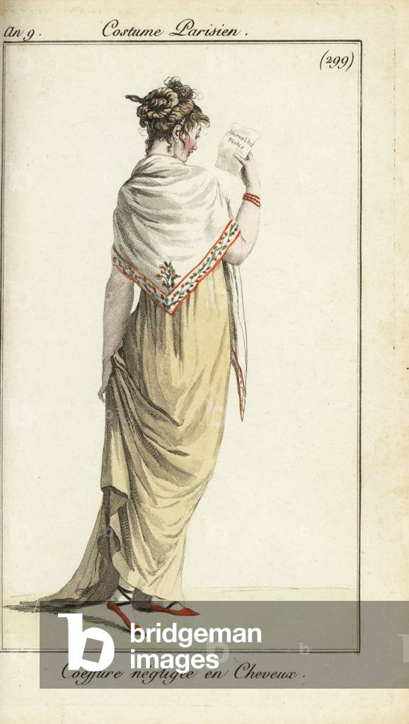 Woman in casual hairdo reading a fashion magazine, 1801 (handcoloured copperplate engraving)