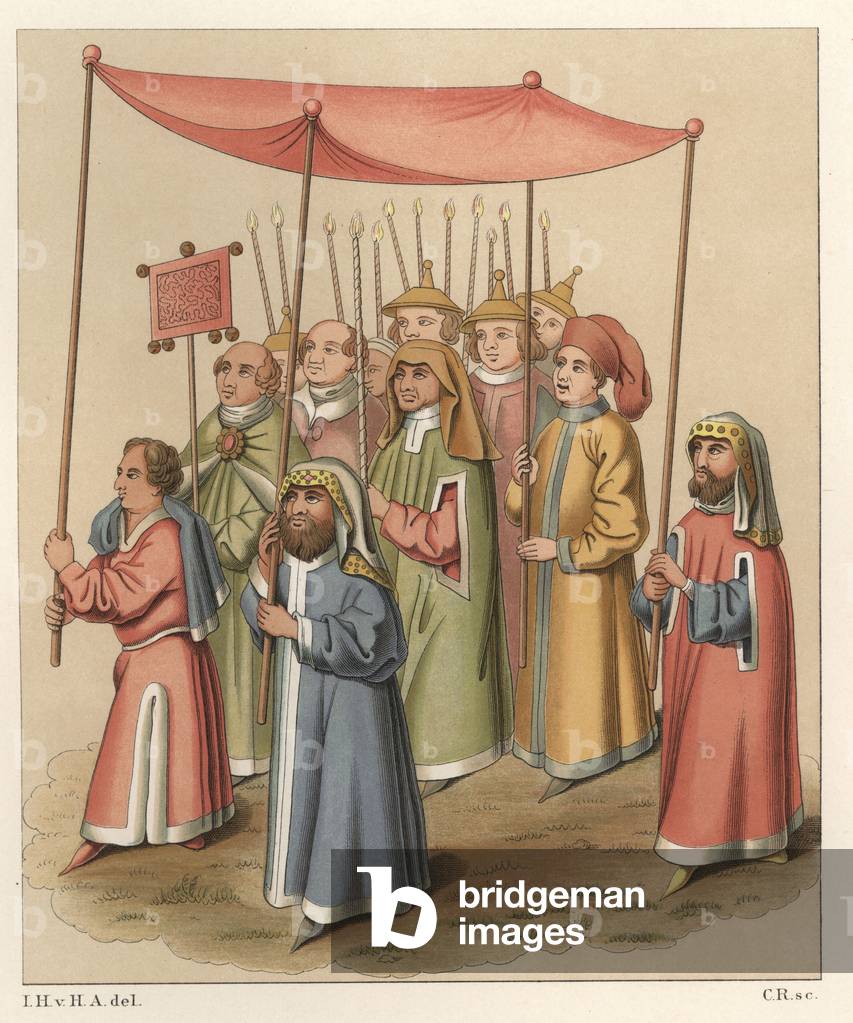Jewish Religious Procession, 1417-1460 - From a drawing of the manuscript of the chronicles of the Council of Constance (1414-1418) by Ulrich von Richental (1360-1437) - Chromolithography, drawing by Jakob Heinrich von Hefner-Alteneck (1811-1903), for his work “Costumes, crafts and instruments from the Middle Ages to the end of the 18th century”, published by Heinrich Keller, Frankfurt, 1883
