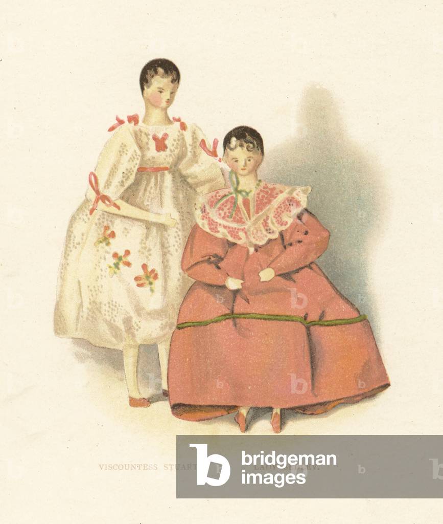 Dolls of courtiers Viscountess Stuart and Lady Sedley. Wooden dolls dressed by the young Princess Victoria. Color plate after an illustration by Alan Wright from Frances H. Low’s Queen Victoria’s Dolls, George Newness, London, 1894.