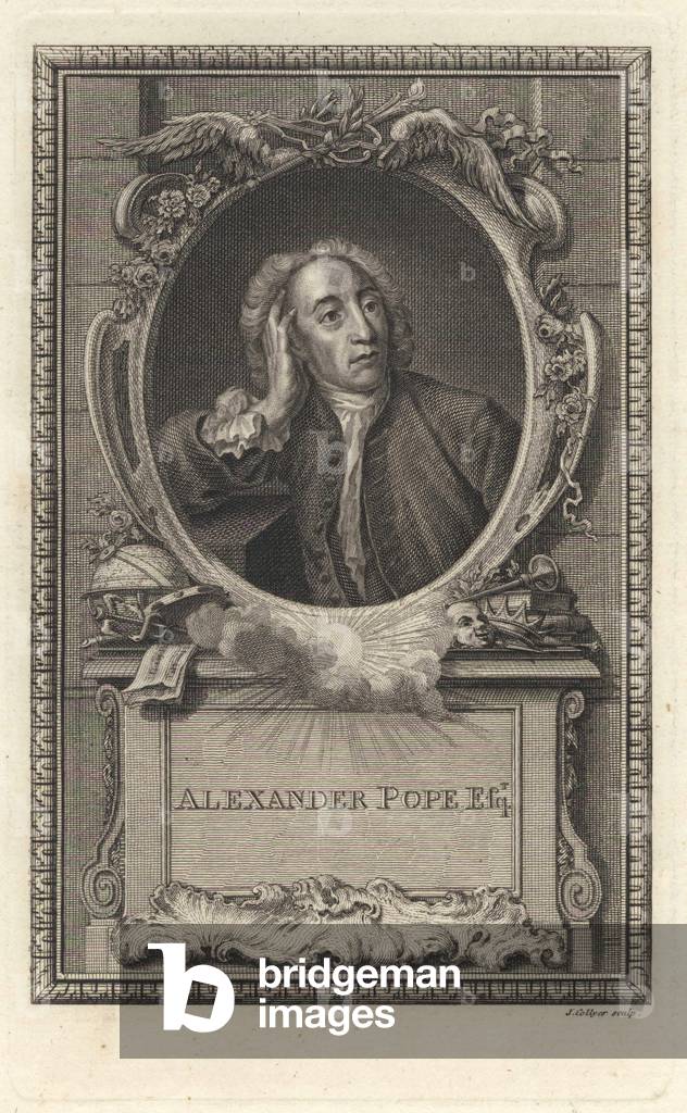 Portrait of Alexander Pope, 18th-century English poet and satirist. Copperplate engraving by Joshua Collyer after a painting by Jean-Baptiste van Loo from The Copper Plate Magazine or Monthly Treasure, G. Kearsley, London, 1778.