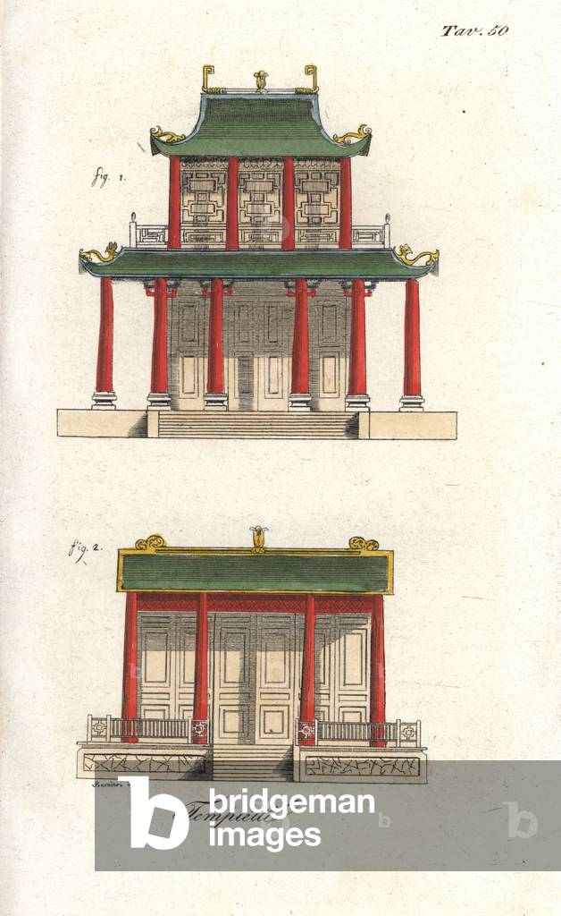 Front elevation of Chinese temples. Handcoloured copperplate engraving by Andrea Bernieri from Giulio Ferrario's Costumes Antique and Modern of All Peoples (Il Costume Antico e Moderno di Tutti i i Popoli), Florence, 1842.