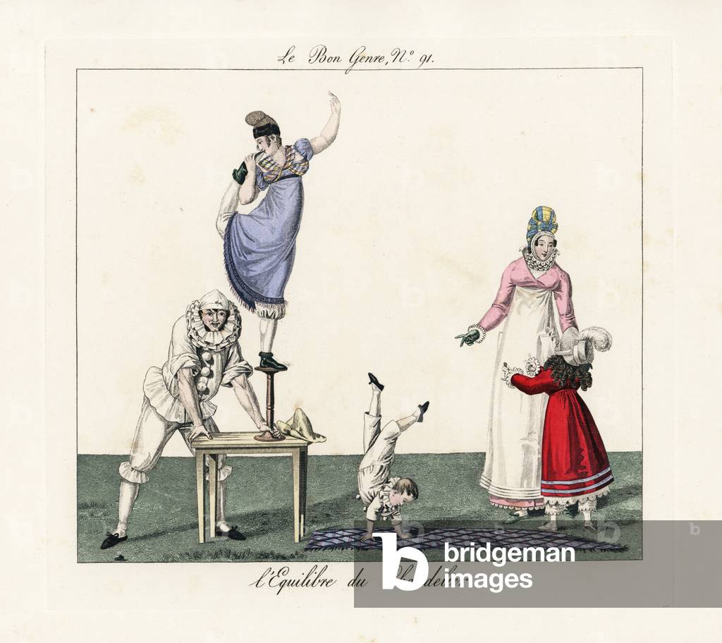 Woman balancing on a candlestick on a table, while a child walks on its hands. Later, Madame Herculanus fixes two anchors in curling papers to her hair, and lifts an anvil with her hands as if picking up a hairpin.” Handcoloured engraving from Pierre de la Mesanger's Le Bon Genre, Paris, 1817.