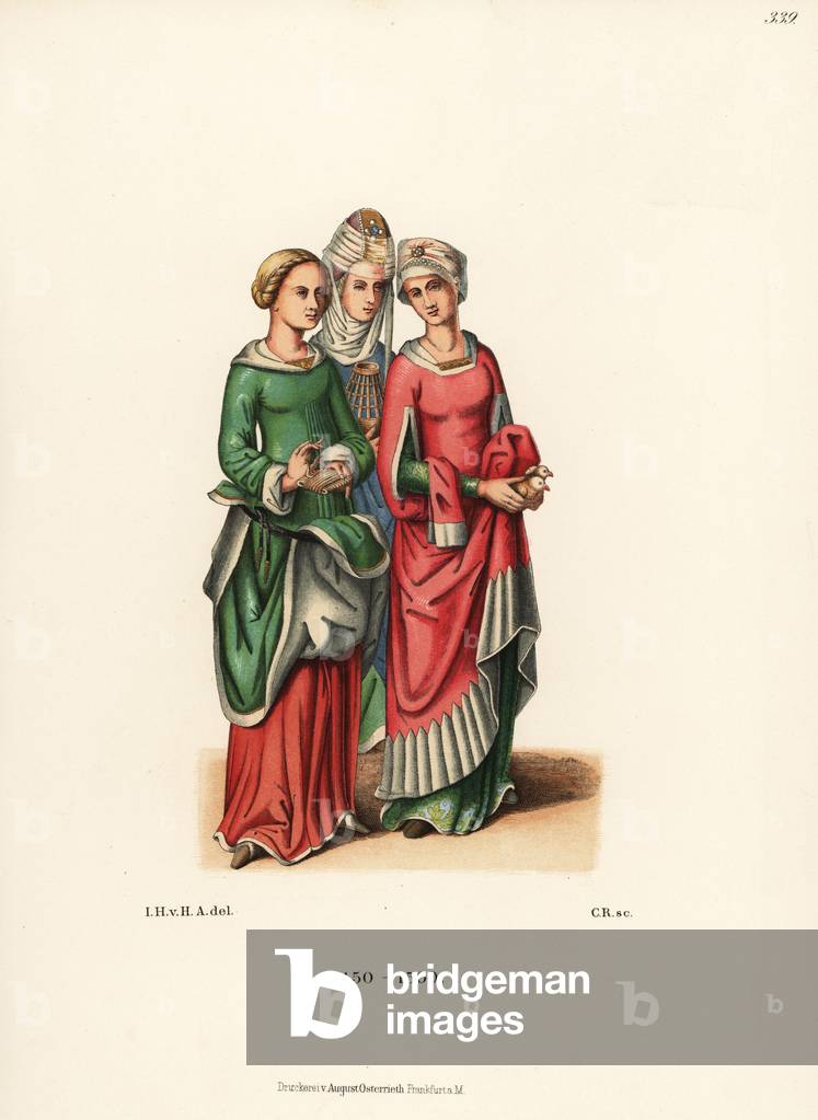 German women’s costumes of the late 15th century, 1889 (chromolithograph)