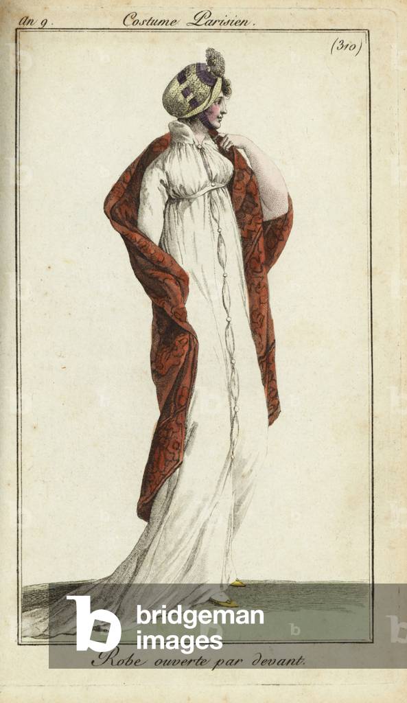 Fashionable woman in straw hat, dress and shawl, 1801 (handcoloured copperplate engraving)