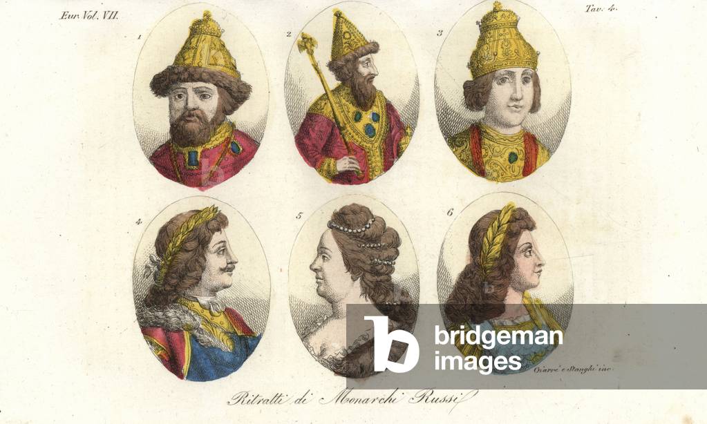 Portraits of Russian Tsars, House of Romanov: Michael l 1, Alexis I 2, Fyodor II 3, Peter I the Great 4, Catherine II the Great 5 and Peter II 6. Handcoloured copperplate engraving by Giarre and Stanghi from Giulio Ferrario's Costumes Ancient and Modern of the Peoples of the World, 1847.