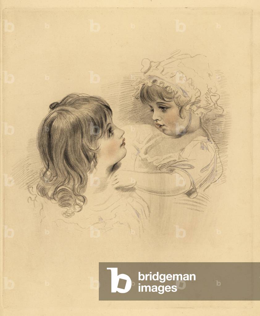 Portrait of two children. The elder holding a reluctant younger child in bonnet and dress. Hand-tinted engraving by Frederick Christian Lewis after an illustration by Sir Thomas Lawrence from P.G. Patmore’s Cabinet of Gems, Ackermann, London, 1837.