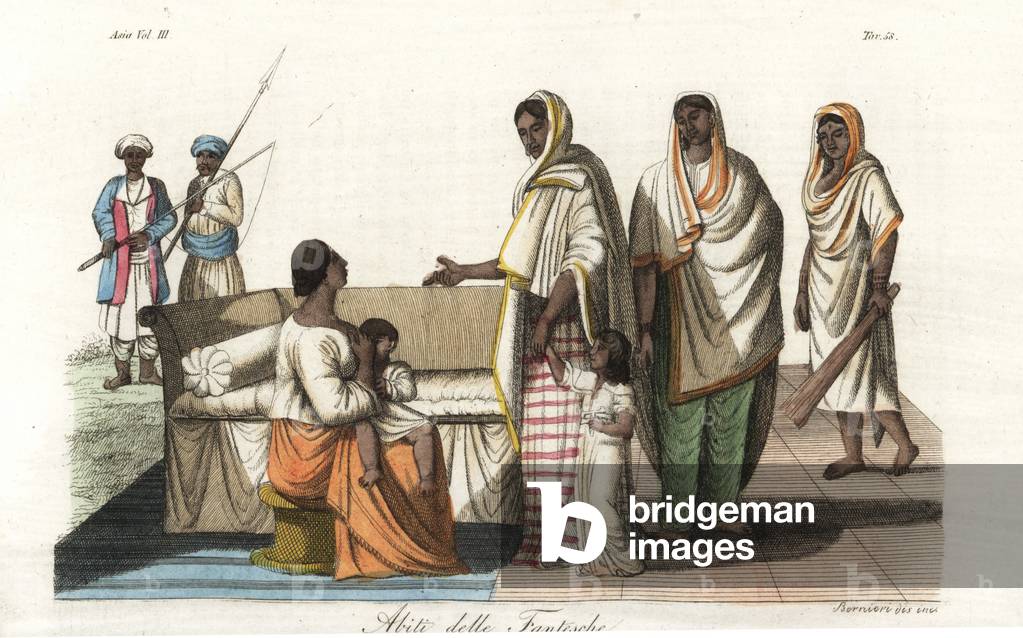 Indian servants' clothes: jaliya or fisherman, harkara or messenger, dai or wetnurse with baby, ayah or nursery maid with child, ladies' maid, and methrani or female sweeper. Handcoloured copperplate drawn and engraved by Andrea Bernieri after Francois Solvyns from Giulio Ferrario's Ancient and Modern Costumes of all the Peoples of the World, Florence, Italy, 1844.