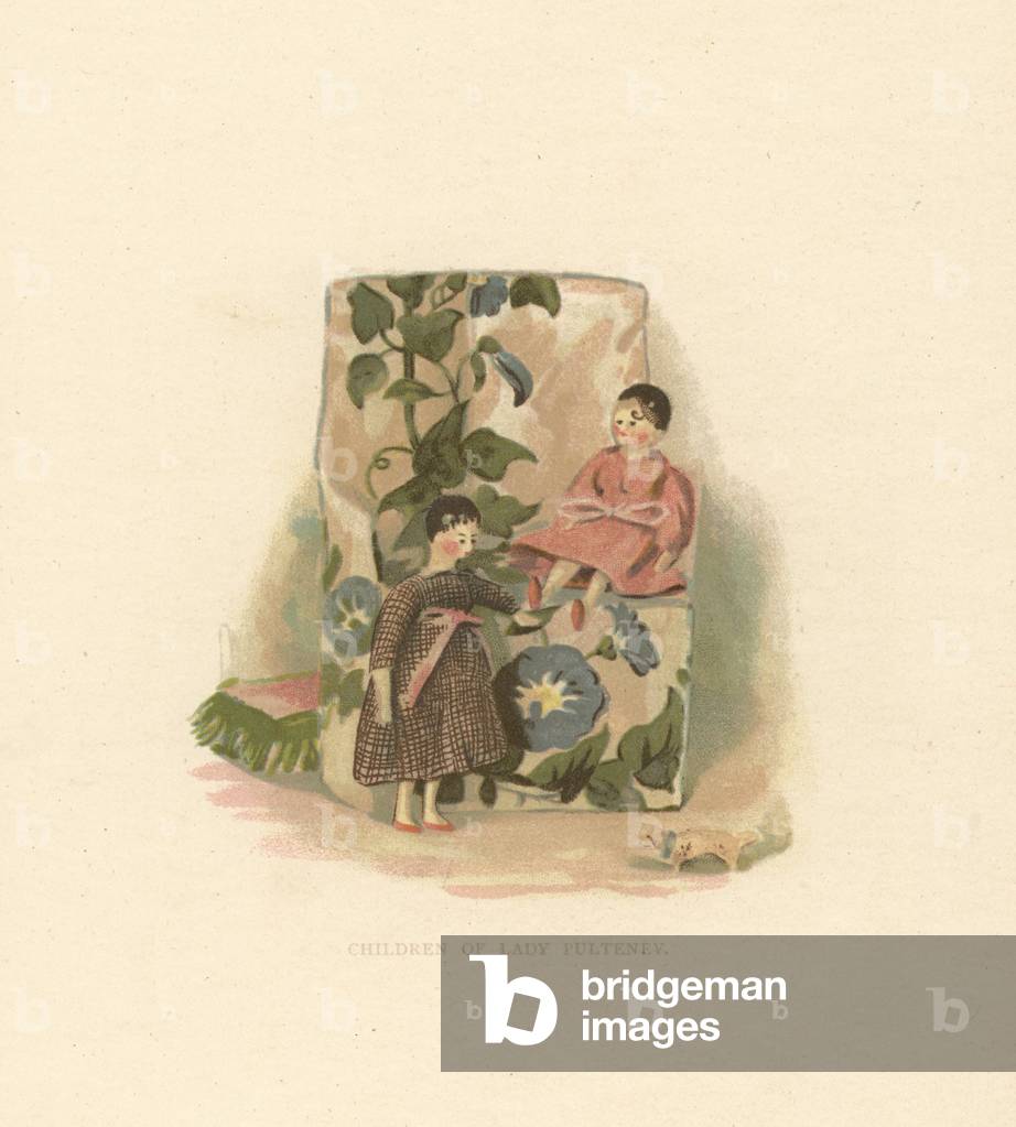 Doll representing children of courtier Lady Isabella Poulteney and ivory toy dog. Wooden doll dressed by the young Princess Victoria. Color plate after an illustration by Alan Wright from Frances H. Low’s Queen Victoria’s Dolls, George Newness, London, 1894.