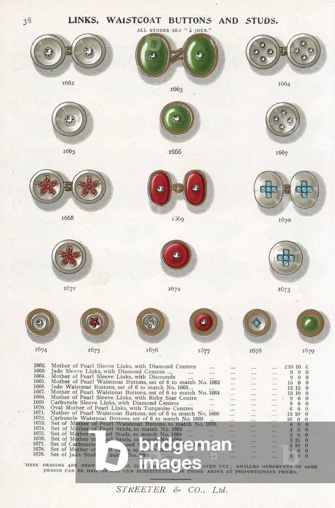 Cuff links, waistcoat buttons, shirt studs in mother of pearl, jade, carbuncle, etc. Chromolithograph from Edwin Street's Gems Catalog, Bond Street, London, circa 1895.