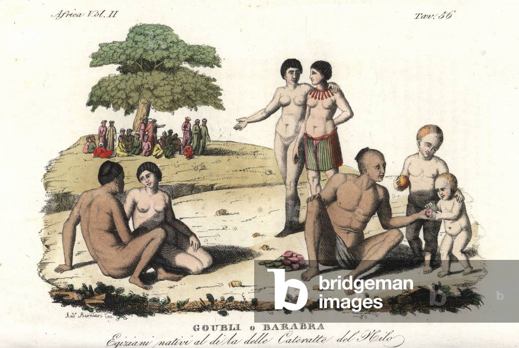 Naked Nubian people (Coubli or Barabra) from beyond the Nile falls (Southern Egypt and Sudan). Handcoloured copperplate engraving by Andrea Bernieri from Giulio Ferrario's Ancient and Modern Costumes of all the Peoples of the World, 1843.