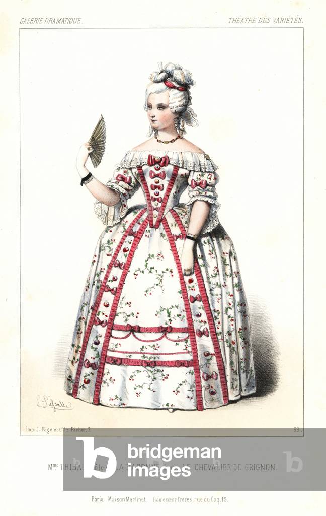 Madame Thibaut in the vaudeville Le Chevalier de Grignon by Melesville (Anne Honore Joseph Duveyrier) and Jean Francois Alfred Bayard, Theatre des Varietes, 1844. Handcoloured lithograph after an illustration by Louis Lasalle from Victor Dollet's Galerie Dramatique: Costumes des Theatres de Paris, Paris, 1845.