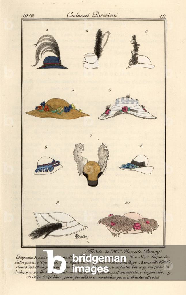New hat designs by Mme. Marcelle Demay, Paris milliner, 1912 (stencil)