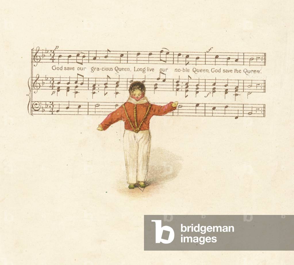 Doll representing a young man in front of a music score to God Save the Queen. Wooden doll dressed by the young Princess Victoria. Color plate after an illustration by Alan Wright from Frances H. Low’s Queen Victoria’s Dolls, George Newness, London, 1894.