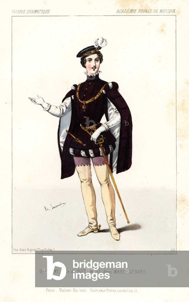 Italian tenore di grazia singer Italo Gardoni as Bothwell in Mary Stuart by Louis Niedermeyer, Academy Royale de Musique, 1844. Handcoloured lithograph after an illustration by Alexandre Lacauchie from Victor Dollet's Galerie Dramatique: Costumes des Theatres de Paris, Paris, 1845.