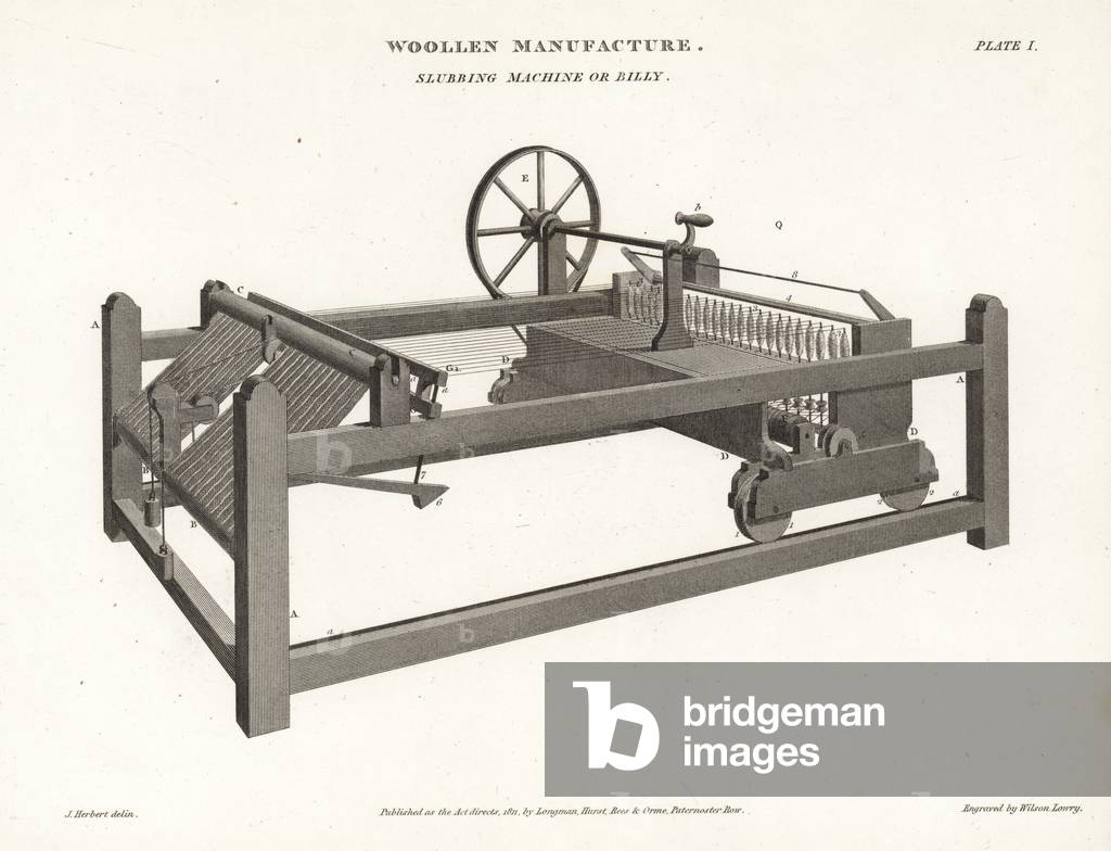 Slubbing machine or billy, used to twist carded thread in woollen manufacture, 19th century. Copperplate engraving by Wilson Lowry after an Illustration by J. Herbert from Abraham Rees' “” Cyclopedia or Universal Dictionary,” London, 1817.