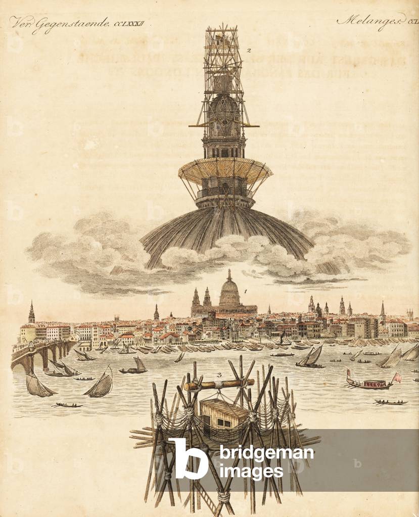 Thomas Hornor's hut on scaffolding above the dome of St. Paul's Cathedral, London, where he painted his giant panorama of London, 1821. Handcoloured copperplate engraving from Friedrich Johann Bertuch's Bilderbuch fur Kinder (Picture Book for Children), Weimar, 1823.
