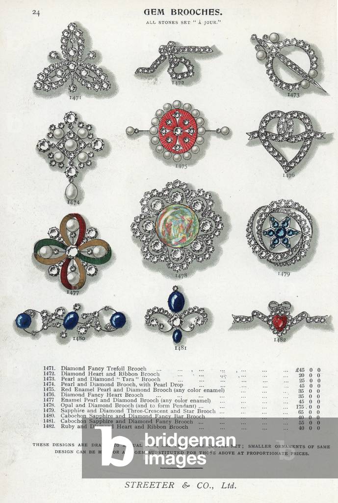 Gem brooches in diamond, pearl, enamel, opal and sapphire. Chromolithograph from Edwin Street's Gems Catalog, Bond Street, London, circa 1895.