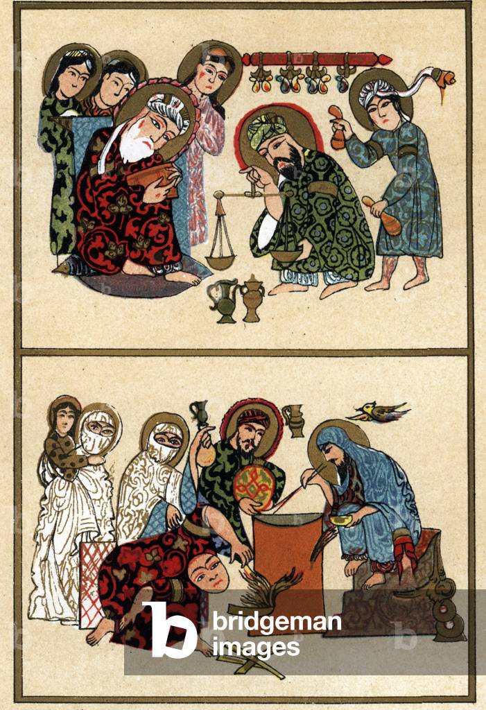 Dispensary and laboratory of an Arab perfumer chemist of the 12th century - Chromolithography of a Persian manuscript of the 12th century, from Le Livre des Parfums by Eugene Rimmel (1820-1887), France, 1870 - Dispensary and laboratory of an Arab perfumer chemist of the 12th century, From a Persian manuscript of the era - Chromolithograph from Eugene Rimmel's Le Livre des Parfums, Paris, 1870