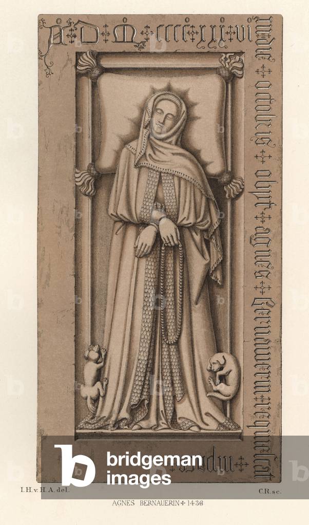 Grave stone of Agnes Bernauer (1410-1436), mistress of Albert III of Baviere (1401-1460), in the chapel dedicated to him in Straubing (Germany) - Chromolithography, drawing by Jakob Heinrich von Hefner-Alteneck (1811-1903), for his work “Costumes, crafts and instruments from the Middle Ages to the end of the 18th century”, published by Heinrich Keller, Frankfurt , 1883