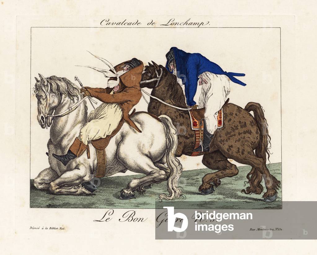 Longchamp Cavalcade. Two incredible (fops) mounted on heavy dray horses instead of thoroughbreds at Longchamp racetrack. Handcoloured engraving from Pierre de la Mesanger's Le Bon Genre, Paris, 1817.