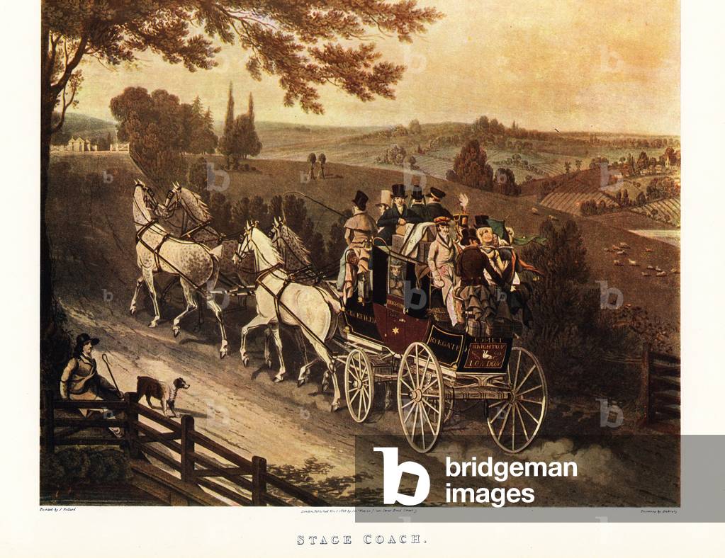 Stage coach driven by four horses and laden down with passengers  and luggare moving along up a country lane through a bucolic landscape, 1822. Brighton to London stage coach Comet on Ryegate Hill. Color print after an engraving by Dubourg from an illustration by James Pollard in Ralph Nevill’s Old Sporting Prints, The Connoisseur Magazine, London, 1908.