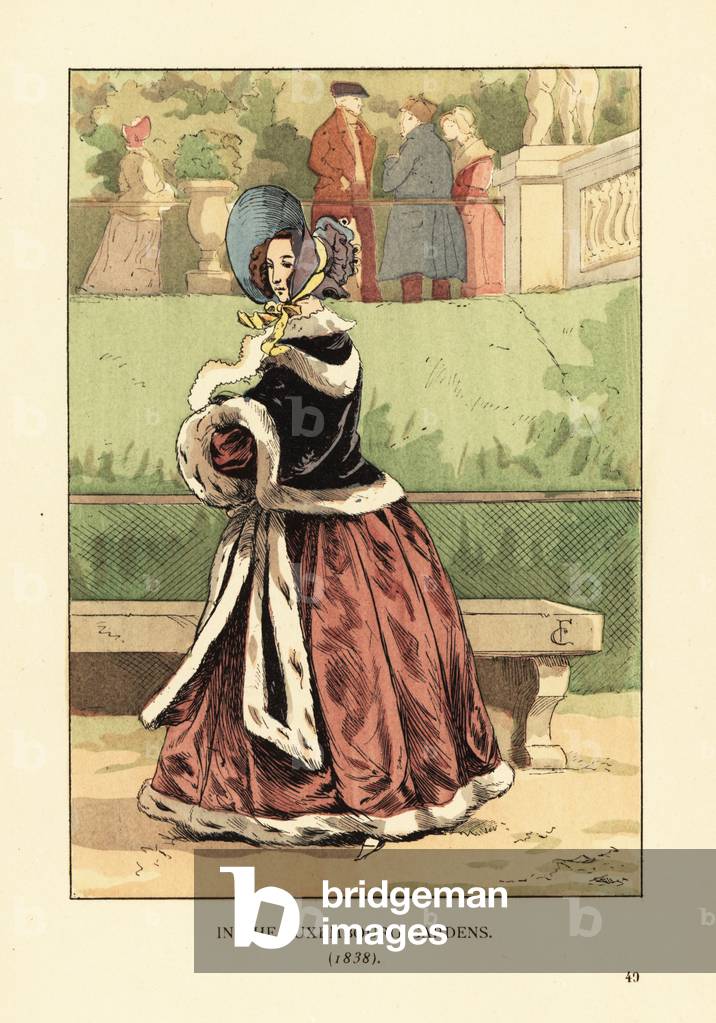Fashionable woman in the Luxembourg Gardens in 1838, 1898 (litho)