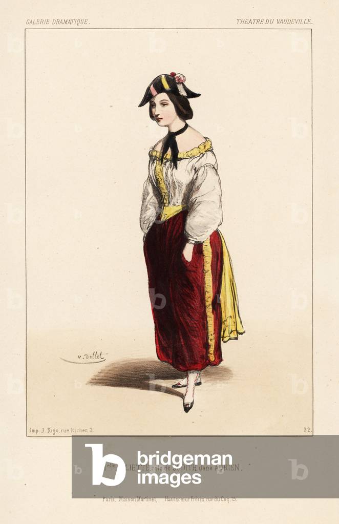 Miss Juliette as Judith in Adrien by Chapelle, Theatre du Vaudeville, 1843. Handcoloured lithograph after an illustration by Louis Lasalle from Victor Dollet's Galerie Dramatique: Costumes des Theatres de Paris, Paris, 1845.