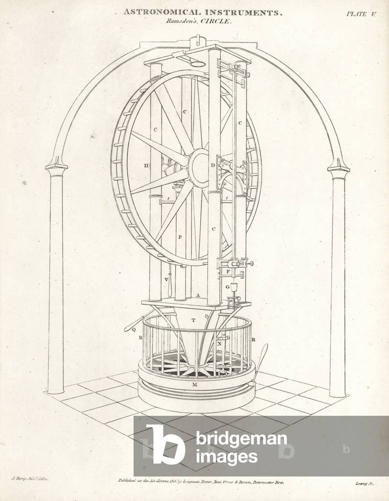 Ramsden's circle, a five-foot high vertical circle finished in 1789 by the English scientific instrument maker Jesse Ramsden. Copperplate engraving by Wilson Lowry after a drawing by J. Farey from Abraham Rees' Cyclopedia or Universal Dictionary of Arts, Sciences and Literature, Longman, Hurst, Rees, Orme and Brown, London, 1820.
