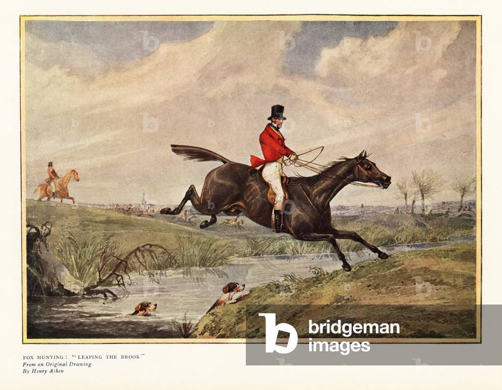 Fox hunting: Leaping the brook. Fox hunter in scarlet jacket on horseback jumping over a river, while fox hounds swim across, 1837. Color print after a drawing by Henry Alken in Ralph Nevill’s Old Sporting Prints, The Connoisseur Magazine, London, 1908.