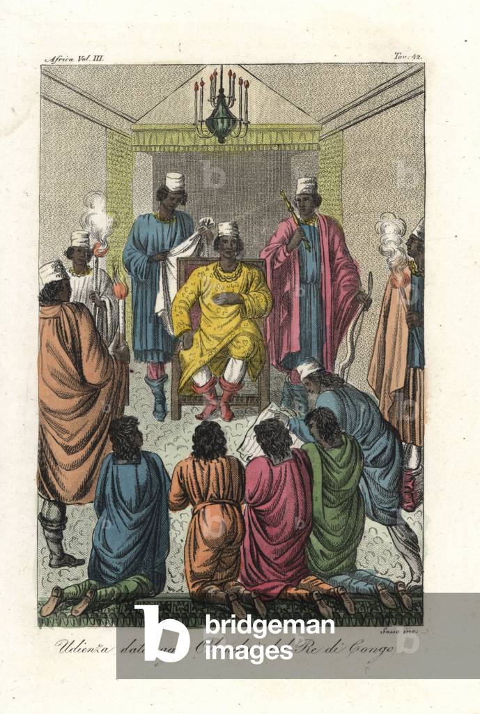 Audience of the Dutch with Garcia II of Kongo, 1642. The large red velvet throne was embroidered with Don Alvaro King of Kongo. The floor was covered with a magnificent Turkish carpet, and over his head hung a canopy of white satin with gold embroidery and fringe. Handcoloured copperplate engraving by Antonio Sasso from Giulio Ferrario's Ancient and Modern Costumes of all the Peoples of the World, 1843.