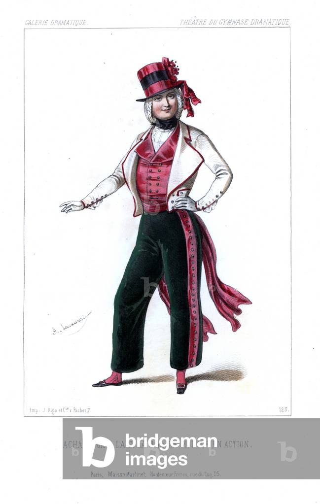 Leon Achard and Larifla in La Morale en Action by Jaime and Villeneuve, Theatre du Gymnasium Dramatique, 1845. Handcoloured lithograph after an illustration by Alexandre Lacauchie from Victor Dollet's Galerie Dramatique: Costumes des Theatres de Paris, Paris, 1845.