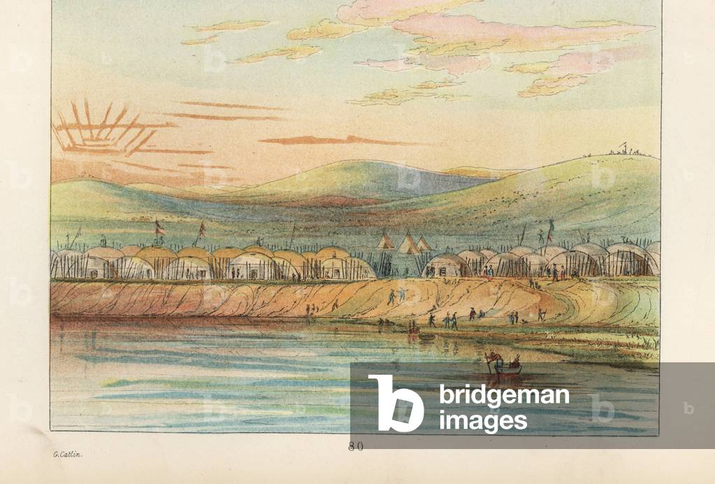 Arikara or Riccaree village of lodges on a river bank in Missouri. Handcoloured lithograph from George Catlin's Manners, Customs and Condition of the North American Indians, London, 1841.