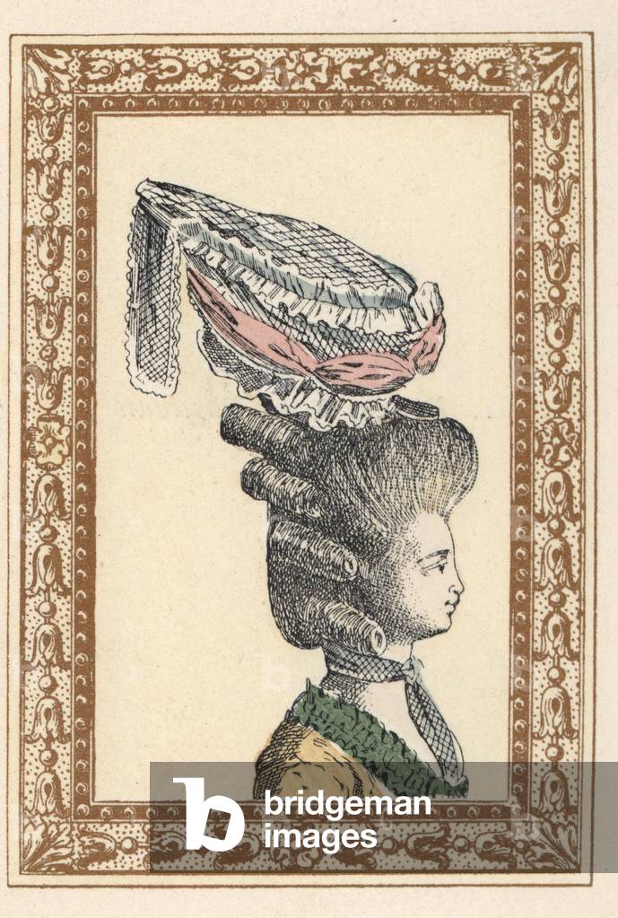 Woman in the Kiss bonnet, Beanie at Becquot, with tails hanging behind. Becquot was a slang term for a kiss among the gallants. Handcoloured lithograph by de Laubadere from Octave Uzane's Stylish Hairstyle or Eccentric Finery from the era of King Louis XVI, Hairstyles de Style, La Parure Eccentric, Rouveyre, Paris, 1895.