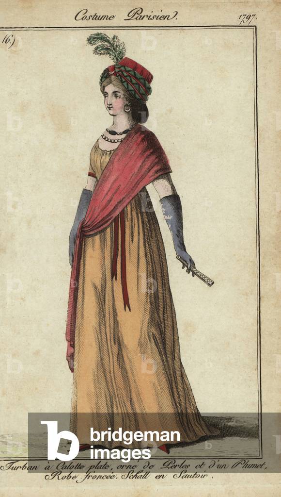 Woman in turban and crossed shawl, 1797 (handcoloured copperplate engraving)
