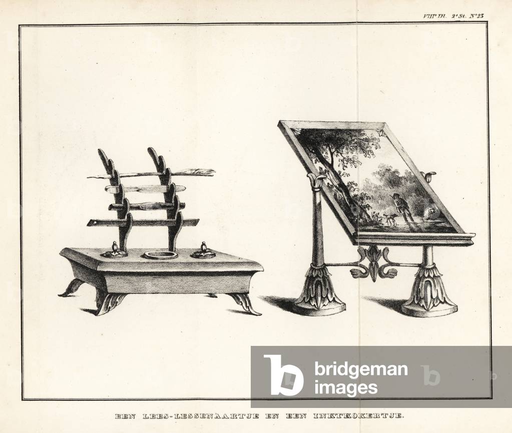 Reading lectern with landscape and ink stand with inkwell with quill pens