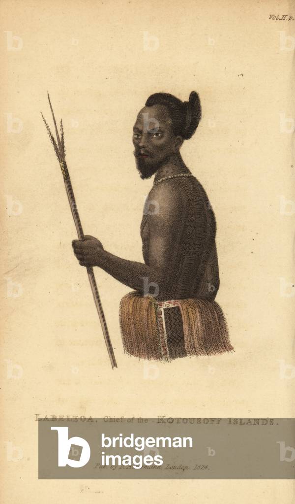 Labeleoa, Chief of the Utrik Atoll (Kotousoff Islands), Marshall Islands. Handcoloured stipple engraving from Frederic Shoberl's The World in Miniature. After an illustration by Louis Choris in Otto von Kotzebue's Picturesque voyage around the world, 1822.