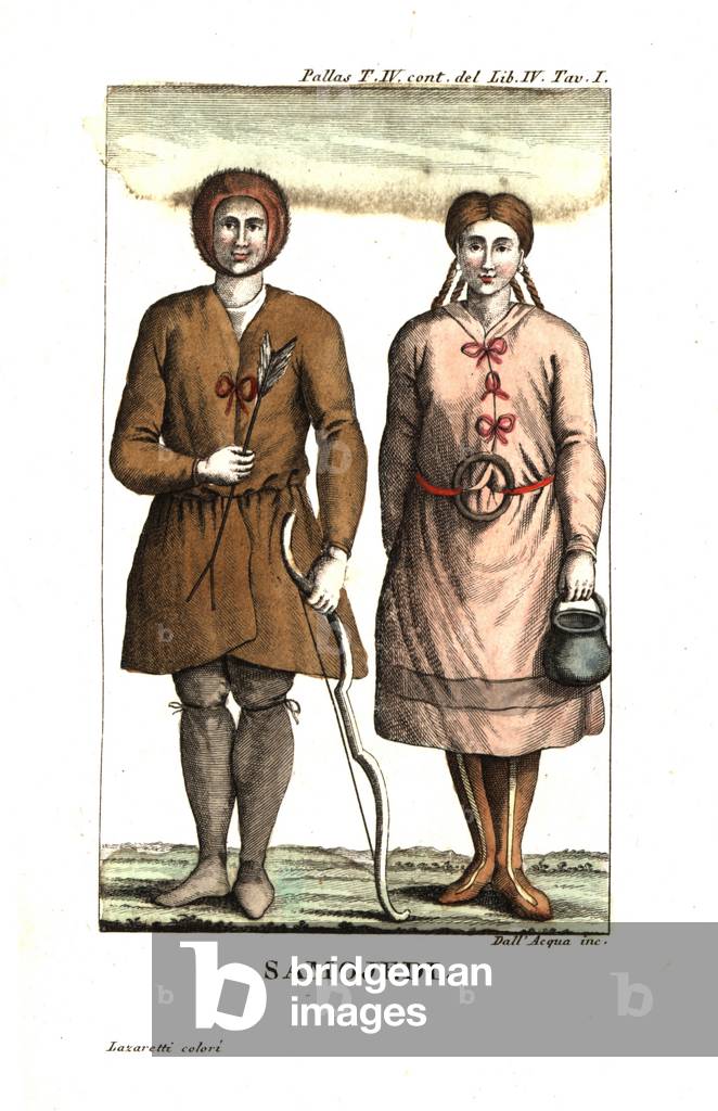 Man and woman of the Nenets (Nenetses ou neneens) or Samoyeds (Yurak samoyede) people. Illustration from Peter Simon Pallas (1741-1811), in Travels through the southern provinces of the Russia Empire, 1812. Copperplate engraving by dell'Acqua handcoloured by Lazaretti from Giovanni Battista Sonzogno's Collection of the Most Interesting Voyages (Raccolta de Viaggi Piu Interessanti), Milan, 1815-1817