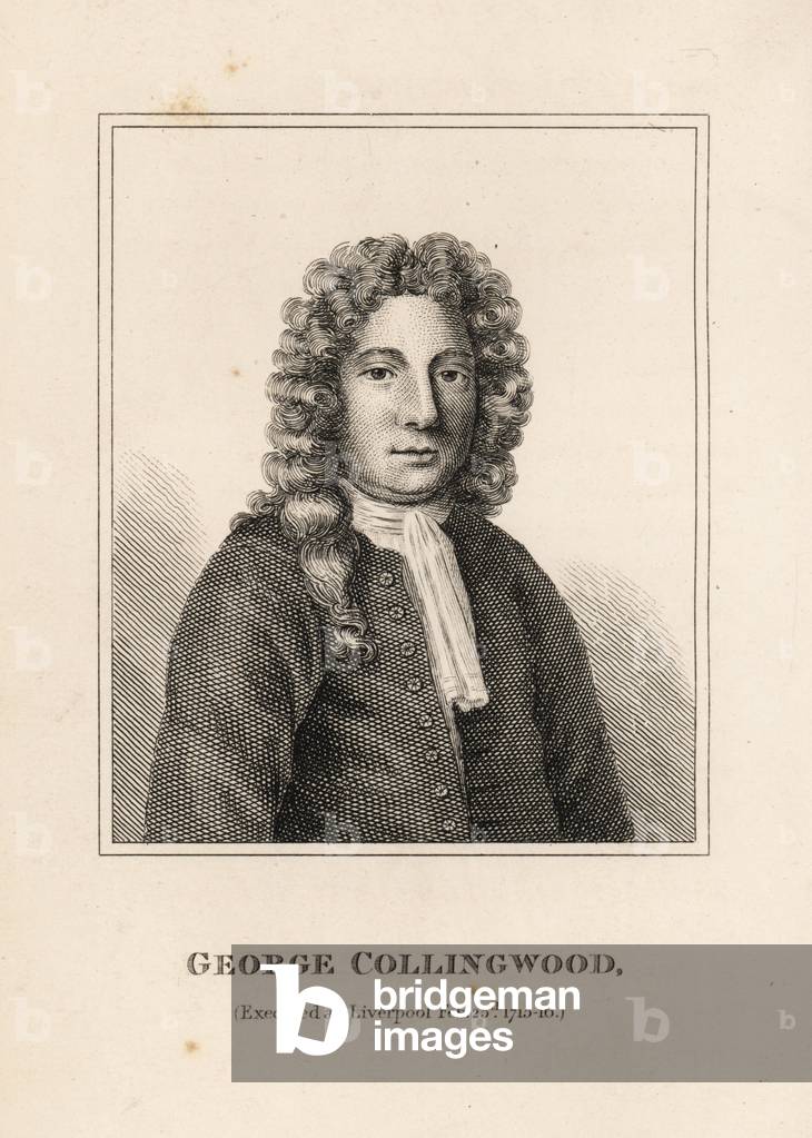 George Collingwood, rebel supporter of James Stuart the Pretender, executed for treason (Liverpool, 1716). Engraving from James Caulfield's Portraits, Memoirs and Characters of Remarkable Persons, London, 1819.