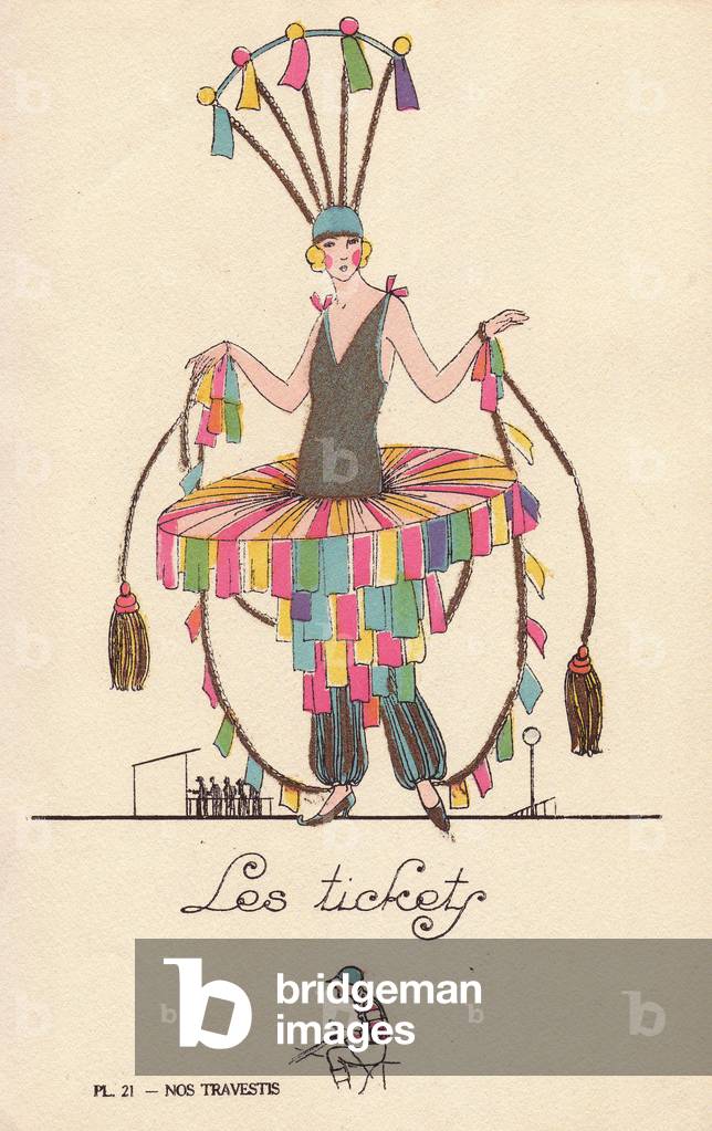 Woman in costume made from betting stubs, les tickets, at the horse races, with skirt, pantaloons, headdress and reins decorated with betting stubs. Lithograph by unknown artist with stencil handcolouring from “” Nos Travestis”” (Our Fancy Dress Costumes), Paris, 1928.