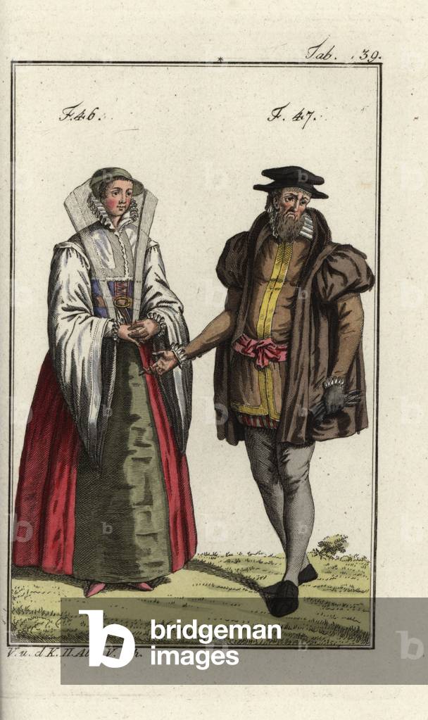 Noblewoman of Cologne, 1588, and a councilor of Cologne, 1577. Handcolored copperplate engraving from Robert von Spalart's “” Historical Picture of the Costumes of the Principal People of Antiquity and of the Middle Ages,”” Vienna, 1811. Illustration based on Thomas Jefferys Collection of Dresses of Different Nations, Antient and Modern. After the Designs of Holbein, Van Dyke, Hollar, and others, London, 1757.
