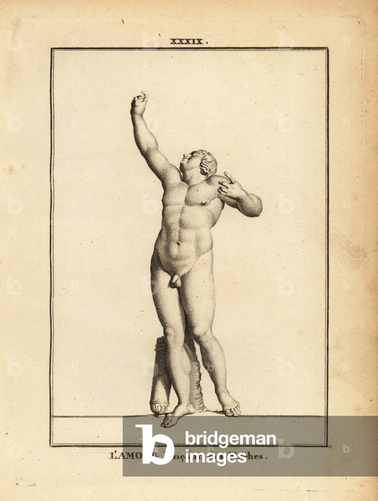 Statue of Eros, Greek god of love, naked with quiver, launching invisible arrows with an invisible bow